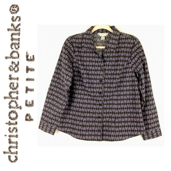 CHRISTOPHER & BANKS PETITE Womens Top Buuton-Up Black Purple White Dots Sz P/M - Picture 1 of 5